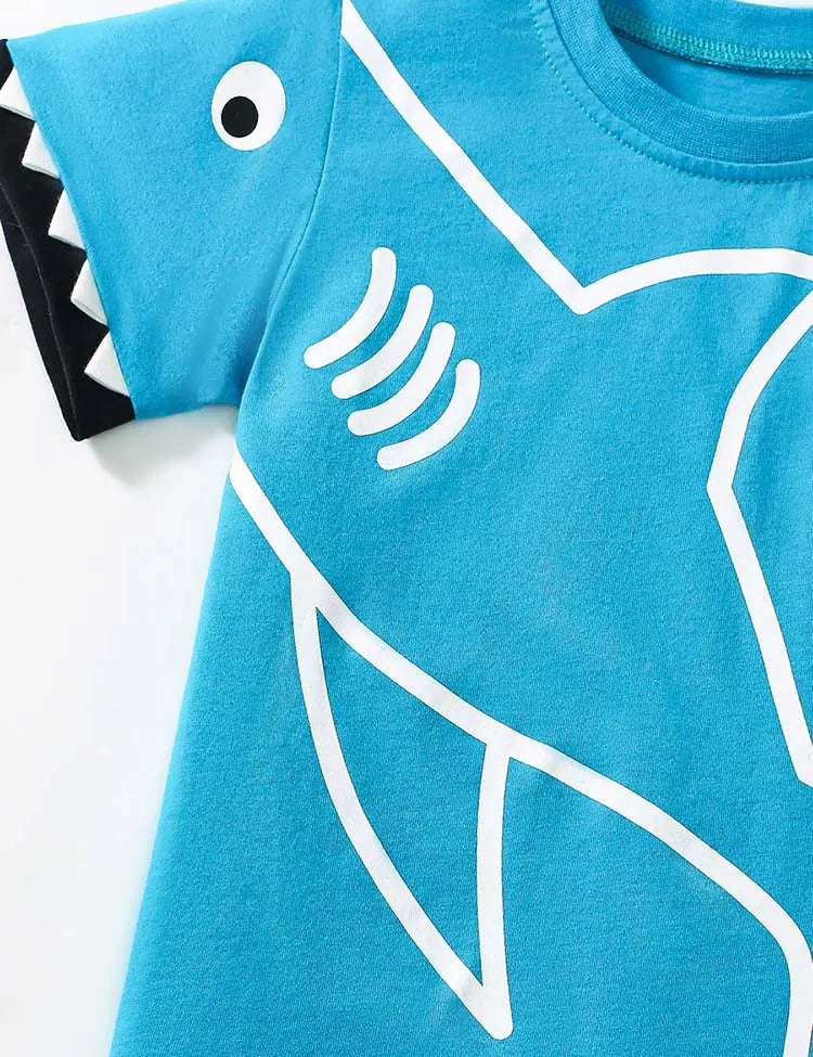 Cartoon Shark Print Short Sleeve T-Shirt and Shorts Set