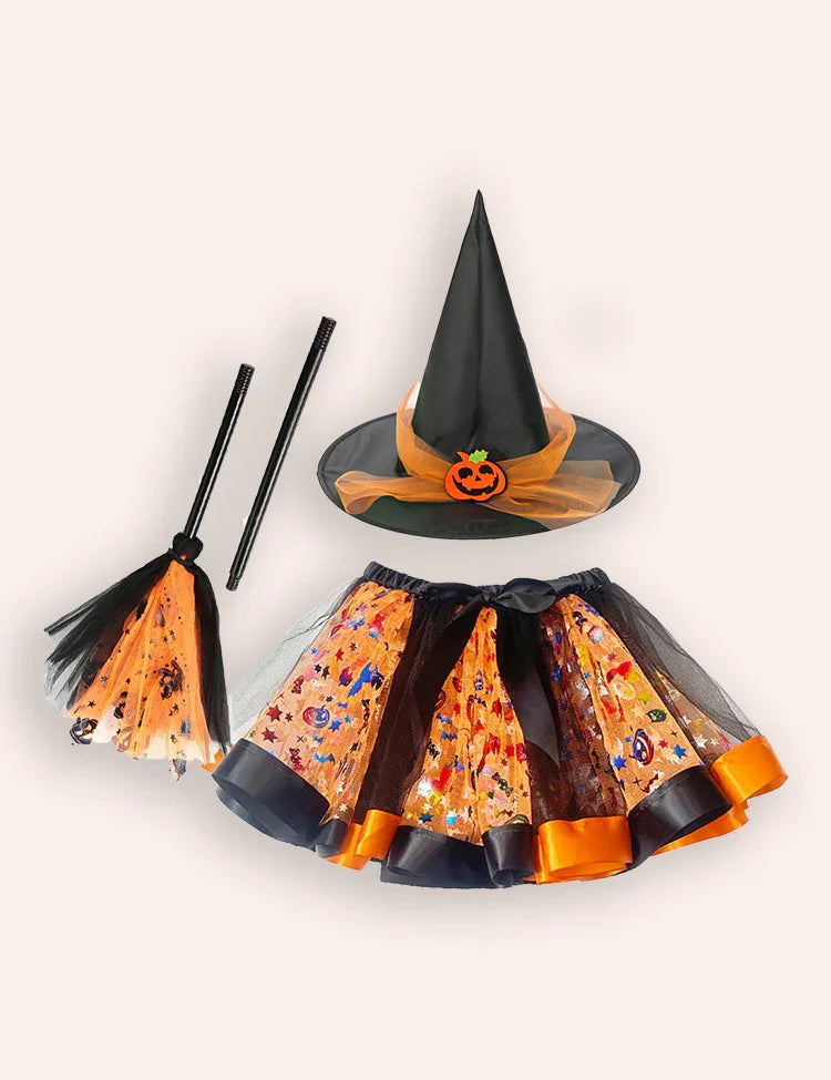 Halloween Printed Tutu Skirt Witch Hat Broom Three-piece Set