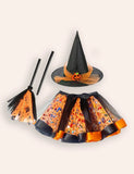 Halloween Printed Tutu Skirt Witch Hat Broom Three-piece Set
