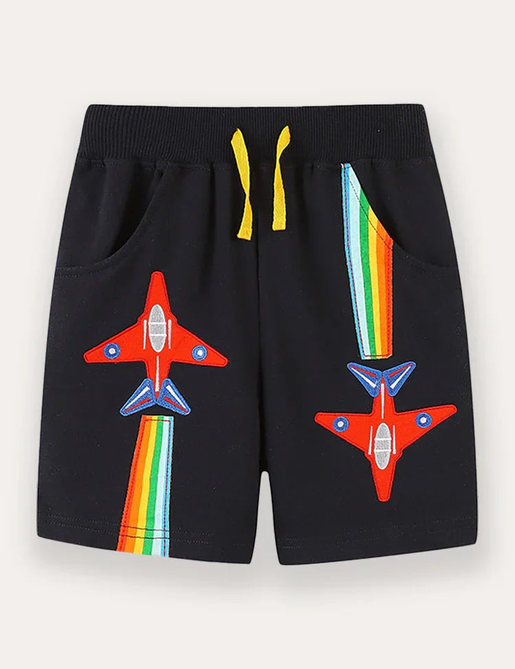 Colorful Cartoon Airplane Applique Shorts