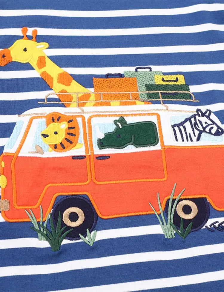 Animal Bus Appliqué Striped Long Sleeve T-shirt - Mini Taylor