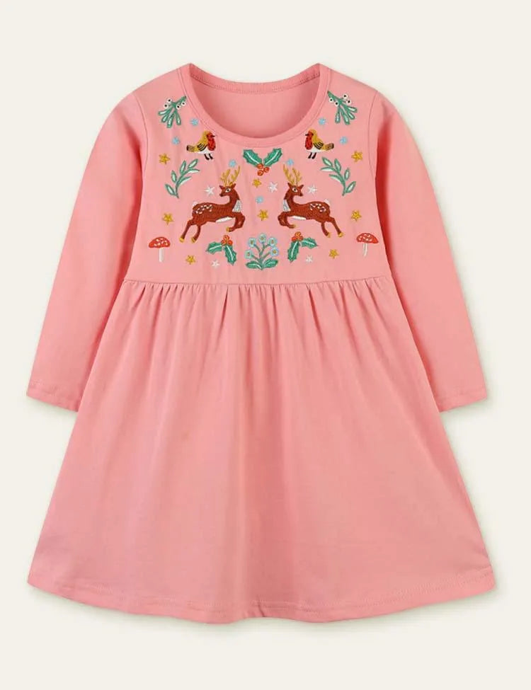 Deer Bird Embroidered Long Sleeve Dress - Mini Taylor