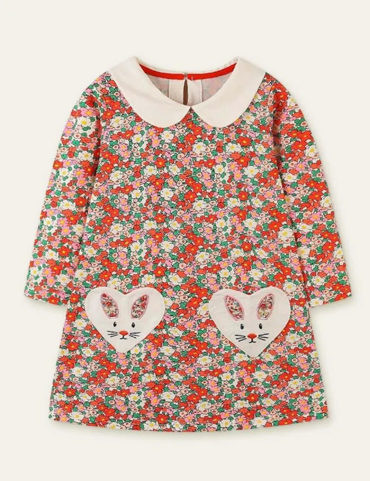 Floral Printed Rabbit Appliqué Long Sleeve Dress - Mini Taylor
