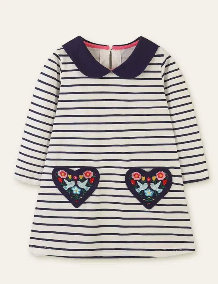 Flower and Bird Embroidered Striped Long-Sleeved Dress - Mini Taylor