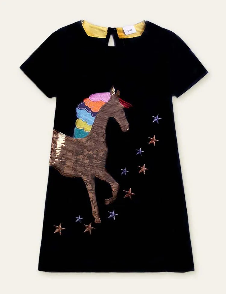 Unicorn Appliqué Star Embroidered Dress - Mini Taylor
