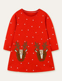 Elk Appliqué Polka Dot Long Sleeve Dress