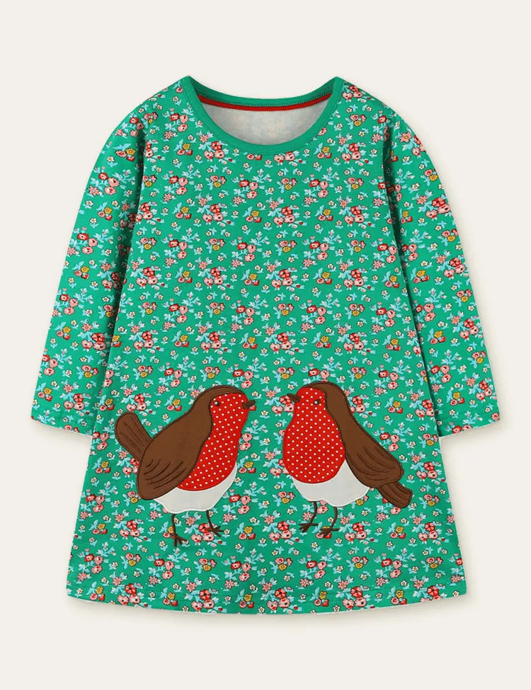 Floral Printed Bird Appliqué Dress - Mini Taylor