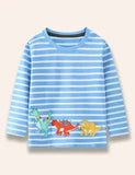 Cartoon Dinosaur Appliqué Long Sleeve Striped T-Shirt