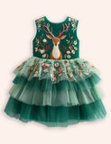 Festival Floral Reindeer Embroidered Tulle Dress