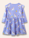 Cartoon Unicorn Printed Ruffled Dress