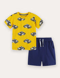Cartoon Car Print Short Sleeve T-Shirt and Shorts Set