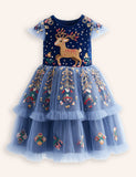 Tulle Floral Reindeer Embroidered Dress