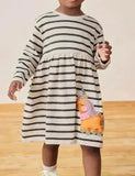 Cartoon Unicorn Appliqué Striped Dress