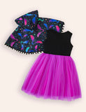 Halloween Bat Print Cape + Tulle Vest Dress Set