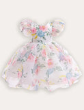 Bubble Sleeve Floral Tulle Party Dress