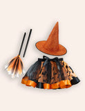 Halloween Printed Tutu Skirt Witch Hat Broom Three-piece Set