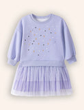 Fleece Star Print Long Sleeve Tulle Dress