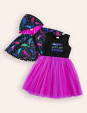 Halloween Bat Print Cape + Tulle Vest Dress Set
