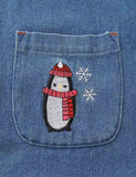 Cute Penguin Embroidered Denim Long-sleeved Dress