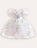 Bubble Sleeve Floral Tulle Party Dress