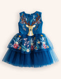Tulle Tiered Reindeer Embroidered Dress