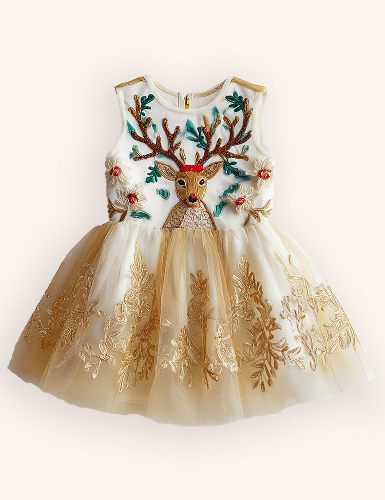 Tulle Floral Reindeer Embroidered Dress