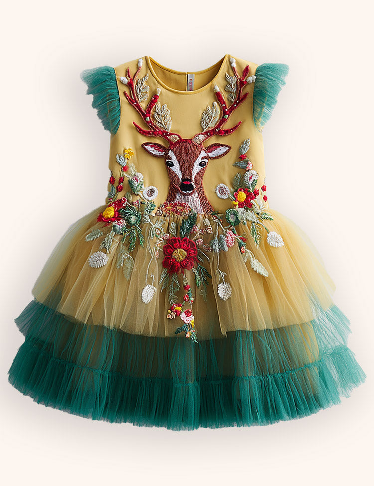 Tulle Floral Reindeer Embroidered Dress