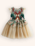 Tulle Floral Reindeer Embroidered Dress
