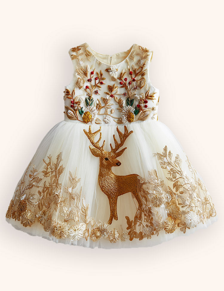 Tulle Floral Reindeer Embroidered Dress