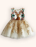 Festival Golden Tulle Reindeer Embroidered Dress