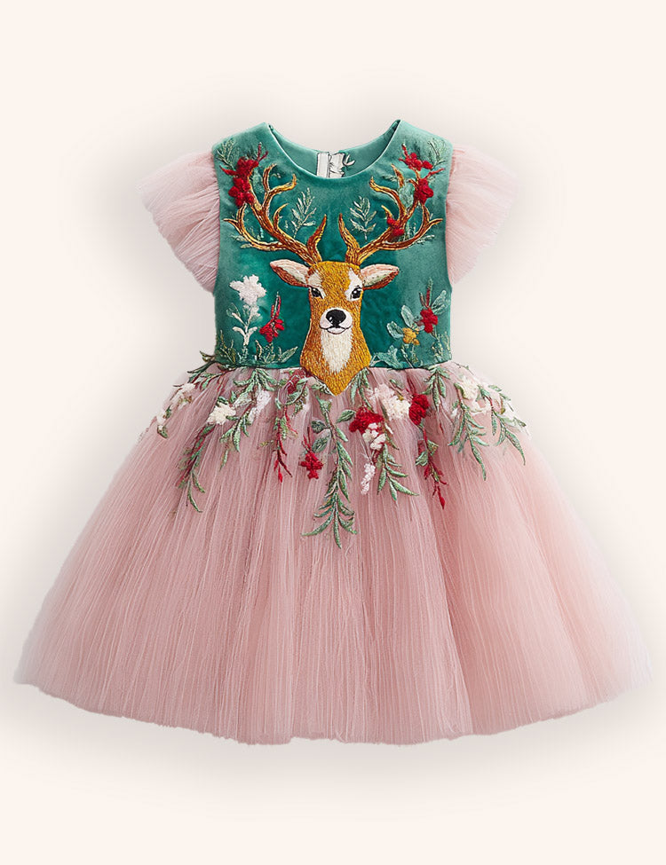 Tulle Floral Reindeer Embroidered Dress