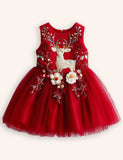 Tulle Floral Reindeer Embroidered Dress