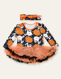 Halloween Ghost Printed Pumpkin Embroidered Mesh Romper - Mini Berni