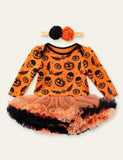 Halloween Ghost Printed Pumpkin Embroidered Mesh Romper - Mini Berni