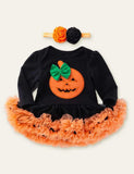 Halloween Ghost Printed Pumpkin Embroidered Mesh Romper - Mini Berni