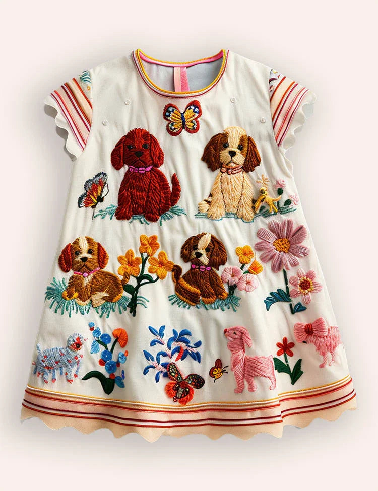 Floral Puppies Appliqué Dress