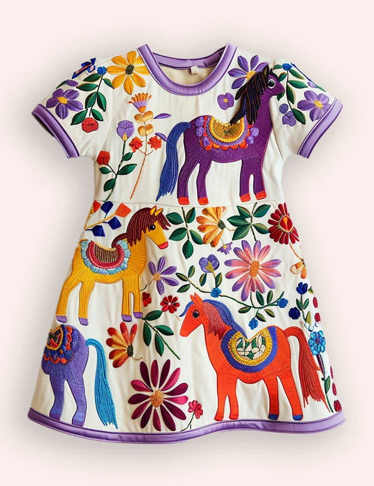 Floral Horses Appliqué Dress