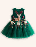 Tulle Floral Reindeer Embroidered Dress